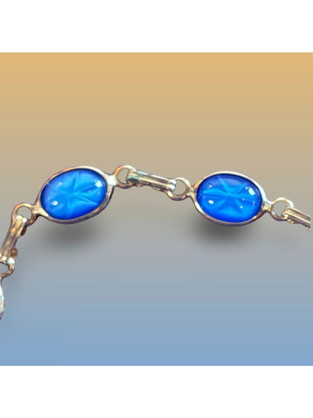 Blue Star Glass Oval Link Bracelet With Gold-Tone Chain & Clasp Vintage Gift - Picture 7 of 9